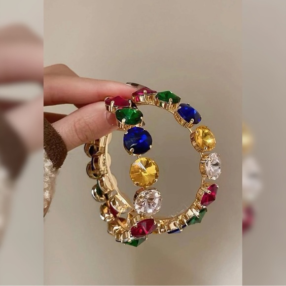 Multi Color Rhinestone Hoops *Fashion Jewelry* - Picture 2 of 6